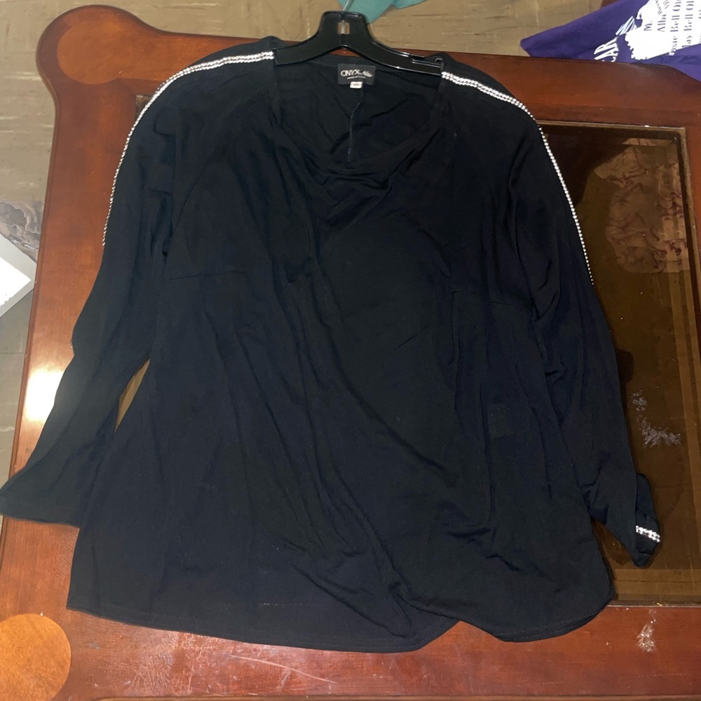 Black loose blouse with gemstones on sleeve